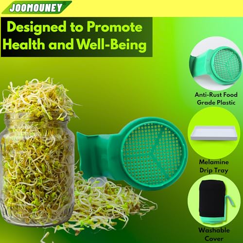 Image of JOOMOUNEY Sprouts Making Glass Jar PACK OF TWO | With Seeds, Sprouter with Mesh Lid | Durable Reusable Sprout Maker Jar for Beans Grains & Seeds | Easy Drainage Hygienic BPA-Free (GREEN)