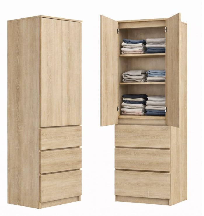 BDW - Armario Estrecho - Armario ropero con cajones - 50 cm de Ancho, 180,5 cm de Alto - Armario de Almacenamiento, Armario Multiusos para Dormitorio - Donald Roble Sonoma