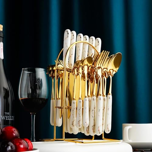 Image of Artek Stainless Steel Spoons, Forks & Knives Set of 24 with Stand and Ceramic Handle Golden Cutlery Set (White)