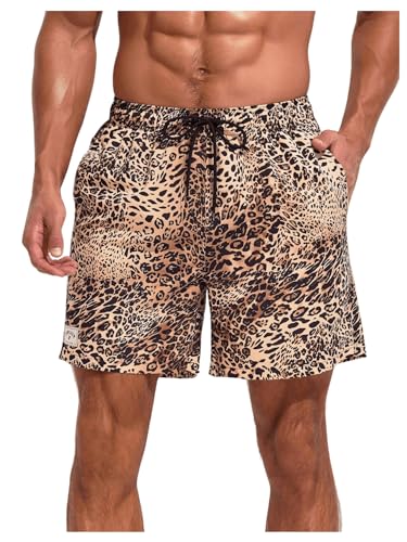 VIPWOLF Men's Cheetah Print Shorts Leopard Drawstring Waist Casual Summer Shorts Brown Large