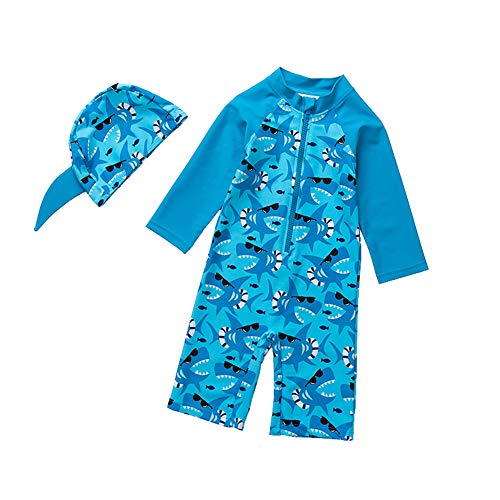 Digirlsor Baby Toddler Boys One Piece Rashguard Swimwear Blue Shark Long Sleeve Front Zip Swimsuit with Hat,0-5Y
