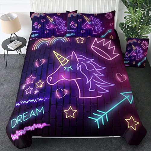 Sleepwish Unicorn Full Bedding Set Neon Unicorn Bed Set for Kids Girls Boys 3 Piece Purple Turquoise Pink Unicorn Bedspread (Full)