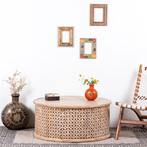 Image of Wooden Coffee Table for Living Room | Handcrafted Solid Wood Round Center Table with Carved Jaali Design | Coffee Table for Home Decor | Tea Table for Bedroom & Office (Brown Distress)