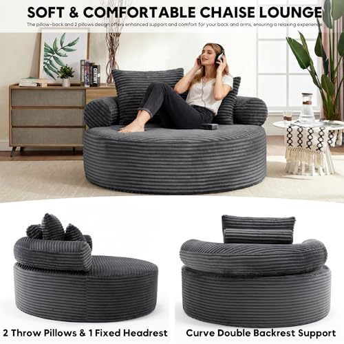 Image of Oversized Round Chair Lounge Chaise Indoor, 55.5 inch Upholstered Corduroy Deep Seat Single Cloud Sofa Chair, Fluffy Modern Large Circle Boneless Sleeper Sofa for Living Room, Bedroom, Dark Grey
