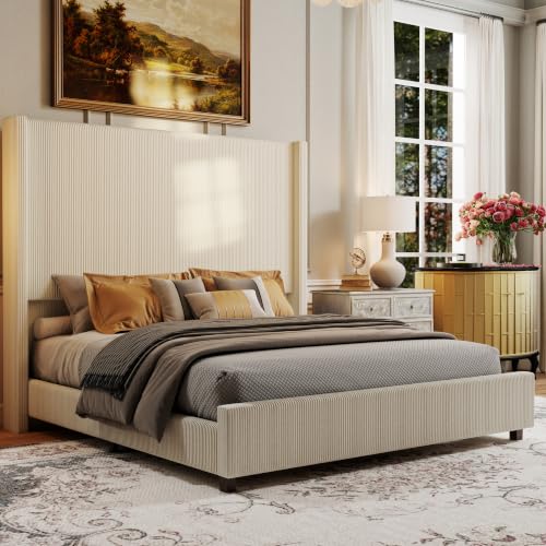 Ihanherry Queen Size 65" Tall Headboard Bed Frame with Charging Station, Upholstered Wingback Headboard with Washable Corduroy Cover, Noise Free, Solid Wood Slats & Legs, No Box Spring Needed, Beige - image 1