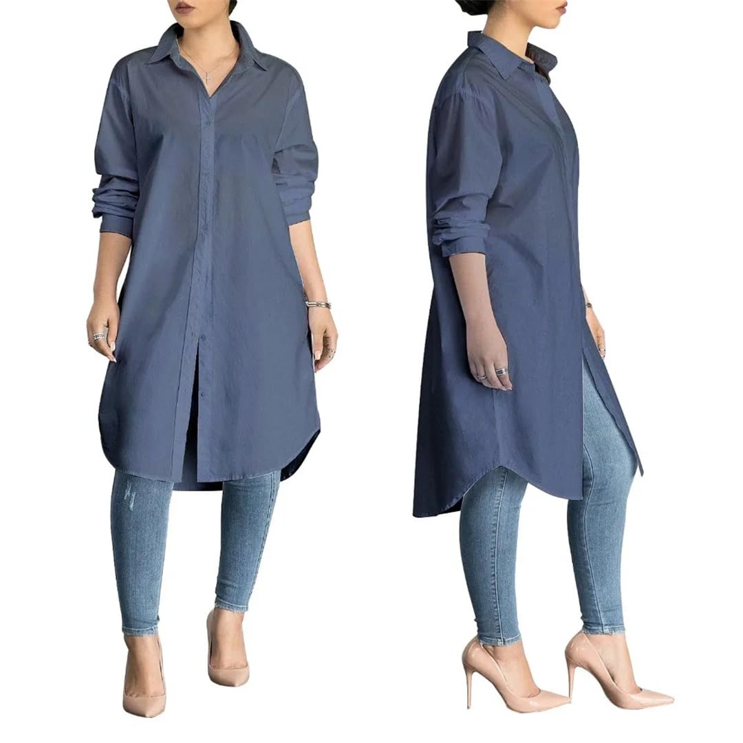 Camicetta lunga da donna con colletto rovesciato, alla moda, casual