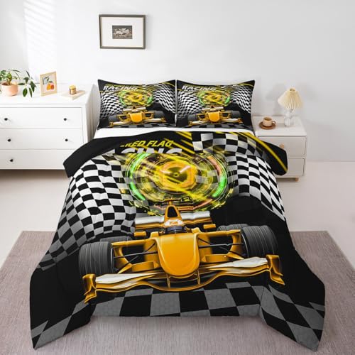 Image of Feelyou Kids Racing Car Comforter Set Toddler Size, Yellow Ombre Bedding Set Boys Girls Extreme Sports Duvet Insert Teens Bedroom Decor Bed Set 2Pcs