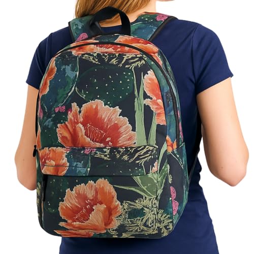 Mochila Casual Flor Floral Feminina em Nylon Leve Resistente com Bolso Externo com Zíper Alças Acolchoadas Ajustáveis Para Trabalho Faculdade Passeio Espaço Interno Amplo (Preto)
