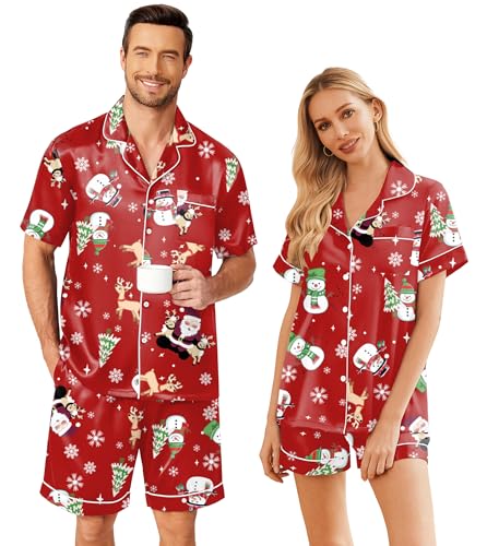 Image of Ekouaer Couple Matching Pajamas Sets Silk Short Sleeve Button Down Sleepwear Satin Pjs Shorts Set Soft Loungewear S-XXL