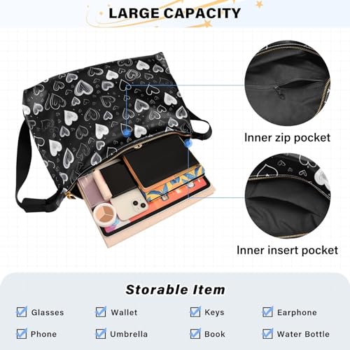 Black White Heart Crossbody Bag for Women Men with Adjustable Strap PU Leather Shoulder Hobo Purse Bag 208510594