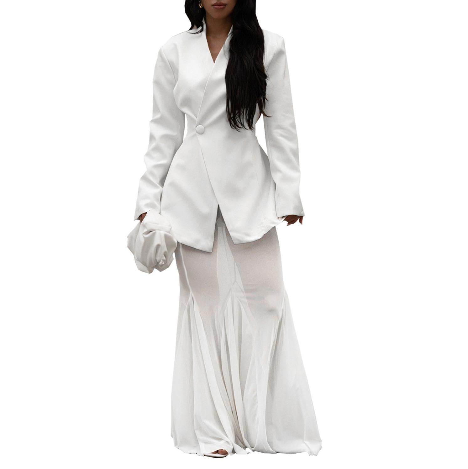 Womens 2 Piece Outfits Business Casual Long Sleeve Button Suit See Through Mesh Long Skirt Sets