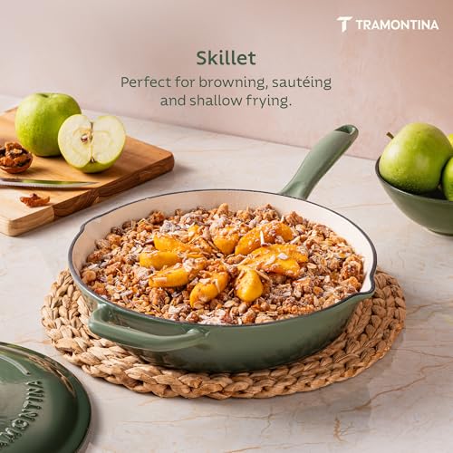 Image of TRAMONTINA Bestow Fry Pan 30 cm with Lid | Enameled Cast Iron Cookware | Even Heat Retention | Low Oil Healthy Cooking | No Seasoning Required | Stainless Steel Knob | All Cooktops Compatible | Green