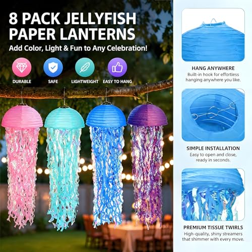 Image of ZAVOOS 8 Pieces Jellyfish Paper Lantern, Gradient Colorful Mermaid Hanging Jellyfish Decor, Under The Sea Party Decoration for Birthday, Ocean Theme Party, Baby Shower, Christmas