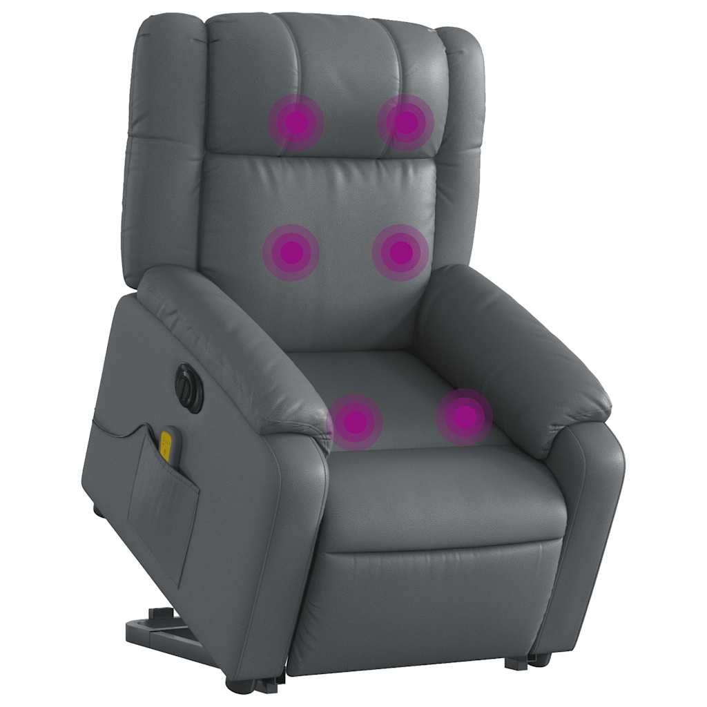 Sillón elevador eléctrico reclinable con masaje por vibración, color gris, de piel sintética, 6 puntos de masaje, función elevación e inclinación de 135 grados, estructura estable