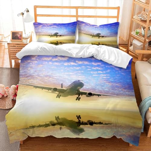 Funda Nordica Cama 105 Avión Ropa de Cama Vuelo Microfibra Suav Funda Edredon 200x200, Funda Nórdica Aviación y 2 Funda de Almohada 50x80 cm, e6169