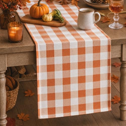 Fiokle Fall Thanksgiving Gingham Table Runner Cotton Style, Orange, 13x72 | Farmhouse Thanksgiving Buffalo Plaid, Washbale Autumn Checkered Decor for Harvest Party, Kitchen Dining