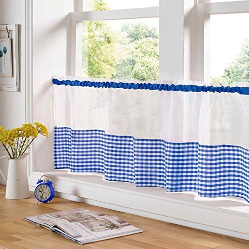 Gingham Trim Voile Café Curtain Panel, Traditional Checked Design, Sheer Kitchen Voile Curtains, Net Curtains (59" x 24", Blue)