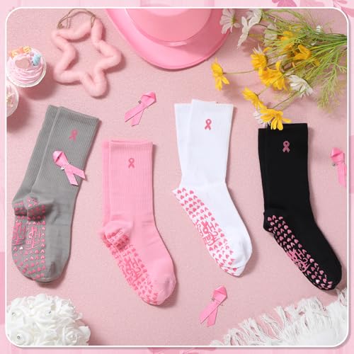4 Pairs Pilates Socks with Ribbon for Women Funny Breast Cancer Awareness Socks Cotton Non Slip Yoga Crew Grippy Workout Ballet Athletic Hospital Gifts2