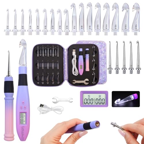 Image of Lewhoo Light up Crochet Hook, 22 in 1 Lighted Crochet Needle Easy to See Stitch with Screw Knob, Ergonomic Gradiant Crochet Hook Set Glow in Dark, Metal and Plastic Hooks Purple 2.0-14.0mm