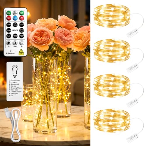 Image of 4 Pack 50 LED Fairy Lights Battery Operated with DIY Timer, 16FT Rechargeable Indoor String Lights, 8 Modes Mini Twinkle Lights for Tree Craft Bedroom Vase Wedding Party Decor, Warm White
