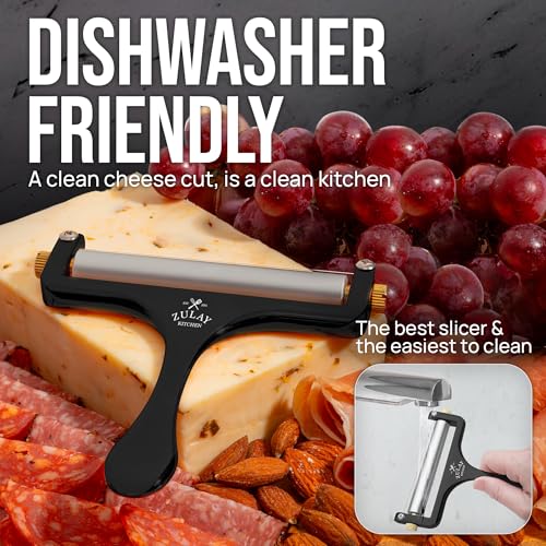Image of Zulay Kitchen Stainless Steel Wire Cheese Slicer - Adjustable Hand Held Cutter with 2 Extra Wires - Premium Cheese Shaver For Mozzarella, Cheddar, Gruyere - Black