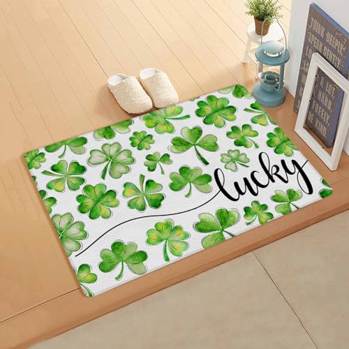 Jolunifun St. Patrick's Day Kitchen Bath Door Mat Cushioned Runner Rug,Washable Welcome Floor Sink Antifatigue Mat,Waterproof & Non-Slip Comfort Standing Doormat,Modern Green White Watercolor 18