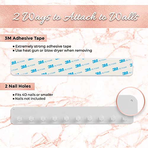 Boxy Concepts Necklace Organizer - 2 Pack - Easy-Install 10.5"X1.5" Hanging Necklace Holder Wall Mount With 10 Necklace Hooks - Beautiful Necklace Hanger Also For Bracelets, Earrings, And Keys (White) #TOP2