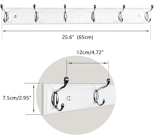 Miniatura 6 de Perchero de madera para colgar en la pared de 25 pulgadas con 6 ganchos plateados, perchero de pared blanco Lang, perchero de pared de madera para