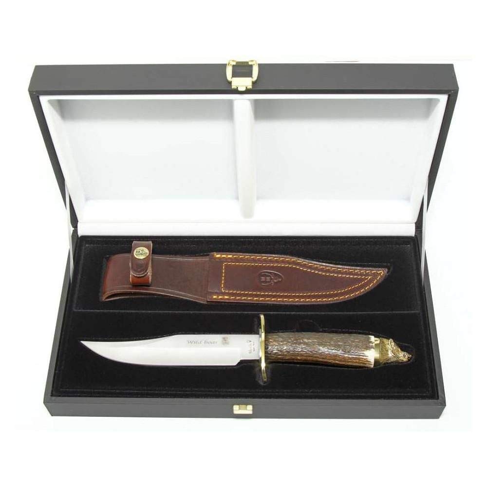 Muela Cuchillo WOLF-16A hoja de acero ACX-380 de 16 cm y empuñadura de asta de ciervo para Caza, Pesca, Supervivencia y Bushcraft Realizado en Ciudad Real + Portabotellas de regalo