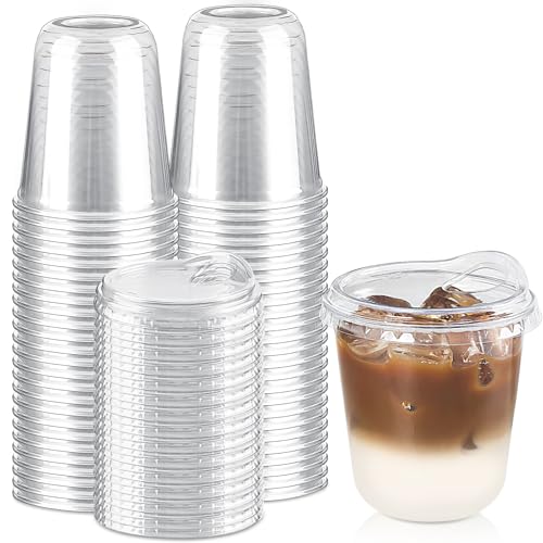 Qeirudu 12 Oz Round Bottom Clear Plastic Cups with Strawless Sip Lids 50 Pack Disposable Iced Coffee Cups To Go Cups for Cold Drinks Smoothie Juice Milkshake