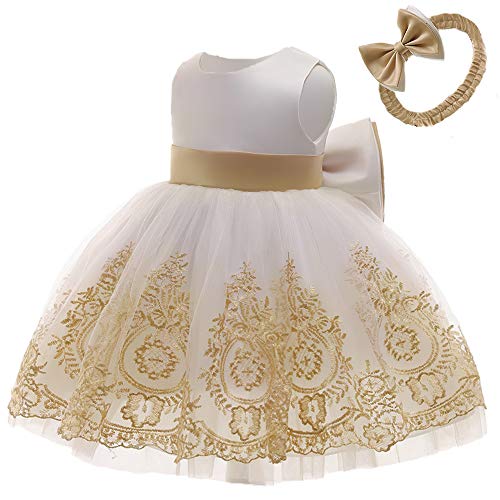 Image of TUIJI 0-6T Big Bowknot Toddler Baby Girls Formal Dresses Pageant Party Lace Embroidery Dress with Headwear