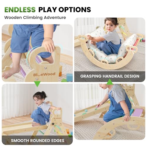 bluewood pikler triangle set with cushion - climbing toys for toddlers 9-in-1 montessori philosophy play jungle gym with arch ramp ladder rainbow