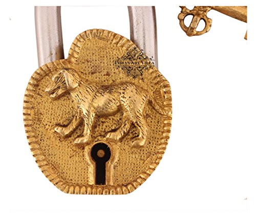 Image of Indian Art Villa Handmade Old Vintage Style Antique Dog Design Brass Security Lock with 2 Keys|Home Temple Office