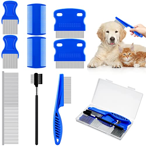 9 Pieces Pets Grooming Comb Kit Tear Stain Remover Comb 2 in 1 Dog Combs with Round Teeth Double Head Grooming Comb with Storage Box for Dog Cat Combing Tangled Hair Crust Dandruff Supplies, Blue