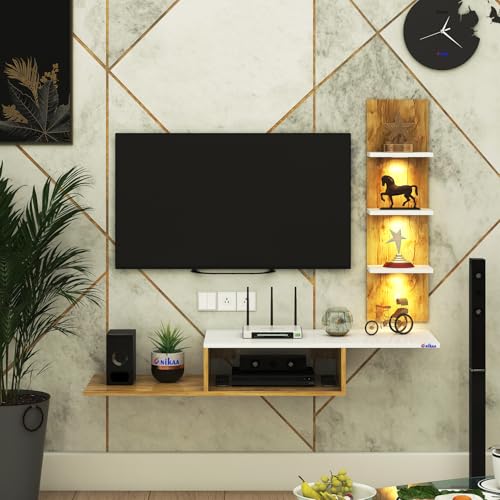 Image of Anikaa Engineered Wood LED Light TV Unit Wall Mounted TV Unit Wall TV Stand TV Cabinet for Living Room, Set Top Box Stand - Gaintwood /White (D.I.Y - Do-It-Yourself) Ideal for Up to 43 inch Inches