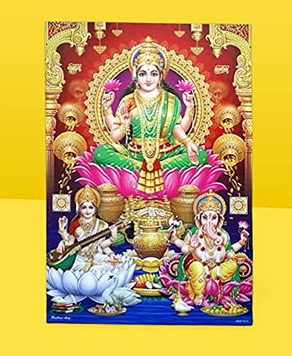 Image of Anagha Mata Laxmi With Ganesh and Sarswati ji Medium Size Poster for Wealth and Prosperity | Prayer Room, and Diwali Puja Room decor| (W12X H28 IN)