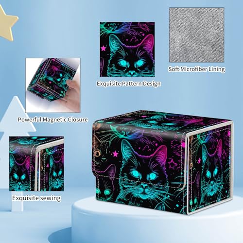 ACWDMKH for MTG Commander Deck Box,Card Deck Box for Trading Yugioh MTG,Fits 100 Double Sleeved Cards,PU Leather Strong Magnet Case for Magic Commander TCG CCG,Glitter Black Cat