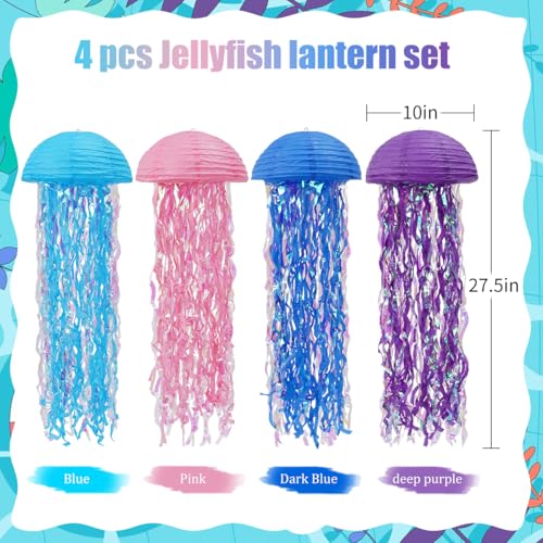 Image of Jellyfish Paper Lanterns Under The Sea Party Decorations Hanging Colorful Jellyfish Lanterns for Baby Shark Mermaid Birthday Party Decorations Baby Shower Classroom Decor Pack of 4 Colorful