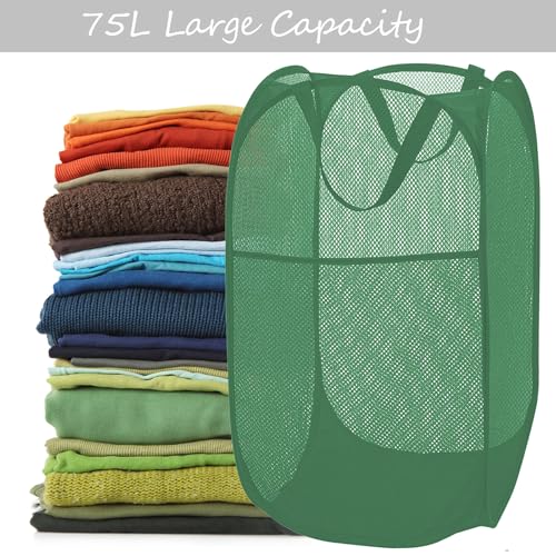 Image of BATTOO Deluxe Strong Mesh Pop up Laundry Hamper Basket with Side Pocket for Laundry Room, Bathroom, Kids Room, College Dorm or Travel Green