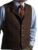 Mens Casual Plaid Suit Vest Tweed Slim Fit Waistcoat for Wedding Groomsmen(Coffee,M)