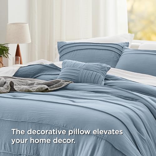 Image of Bedsure King Comforter Set - 4 Pieces Pinch Pleat Bed Set, Light Blue Boho Bedding for All Season, 1 Soft Comforter, 2 Pillowcases, 1 Decorative Pillow
