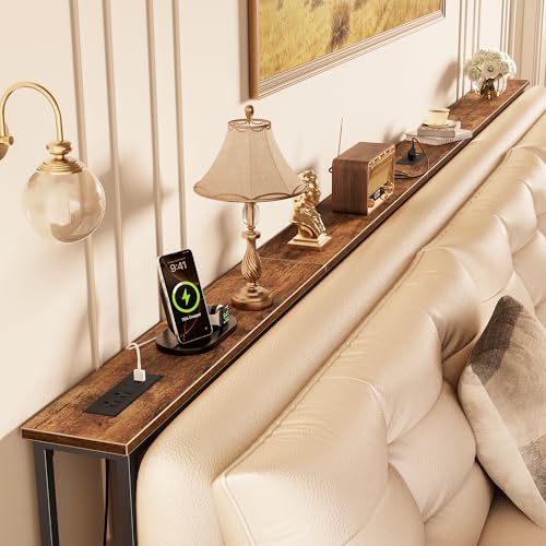 Image of Huuger 118 Inch Sofa Table with Power Outlets, Skinny Behind Couch Table | 5.9 Inch Narrow Entryway Table, Extra-Long Console Table, Behind the Couch Table with Outlet for Living Room, Rusitc Brown
