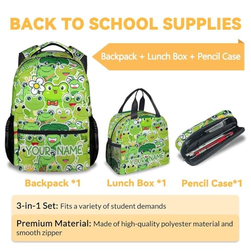 Custom Frog Girls Backpack with Lunch Box Set, 3 in 1 School Backpacks Matching Combo, Cute Green Bookbag and Pencil Case Bundle3