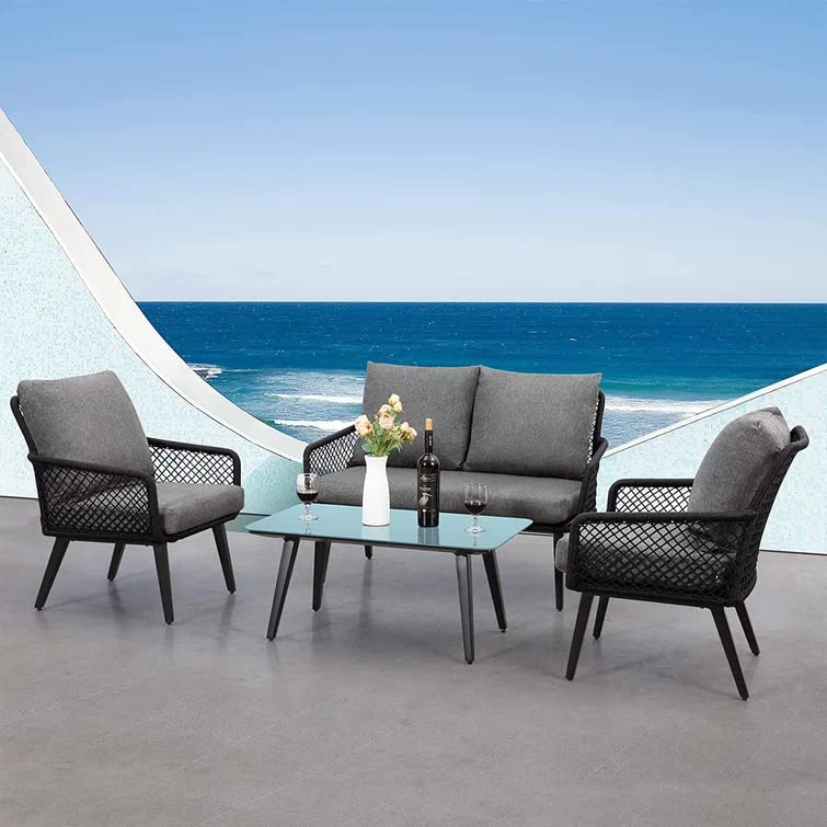 Image of DEVOKO Outdoor and Indoor 4 Seater Sofa with Center Table and Cushioned Rope Chairs Set for Garden, Balcony (Black & Grey)