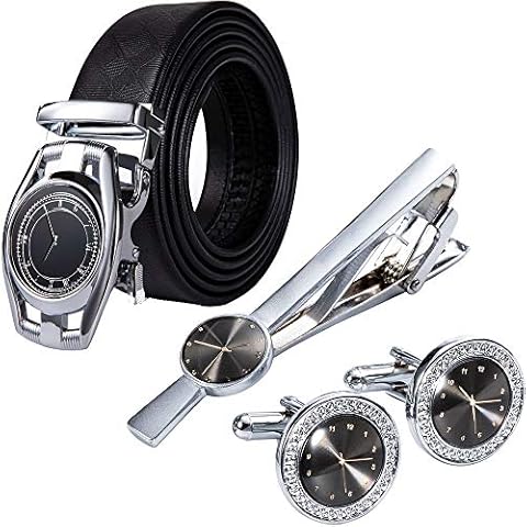 Mens Gold Buckle Belt,YOHOWA Cowhide Belt Automatic Ratchet Buckle Black Holeless for Jeans/Suit Gift Box - Silver - Medium Cover