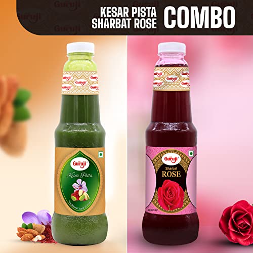 Image of Shree Guruji Kesar Pista Dry Fruit Syrup and Rose Sharbat Combo Pack Milk Beverage Instant Refreshing for Summer Instant Drink (1 Litre)