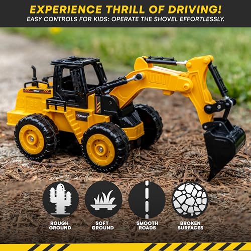 Top Race Voll funktionsfähiger 5-Kanal-Bagger mit Fernbedienung – RC-BAU-LKW-Spielzeug im Maßstab 1:24 mit multidirektionaler Bewegung für Kinder – Baggerspielzeug für Jungen und Mädchen ab 3 Jahren