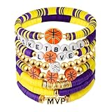 AKAIXI Basketball Stretch Bracelets, Purple and Gold Clay Beaded Bracelet, Game Day Friendship Stackable Sports Jewelry Accessories for Basketball Lovers Team Player Coach Mom Women Men Gift