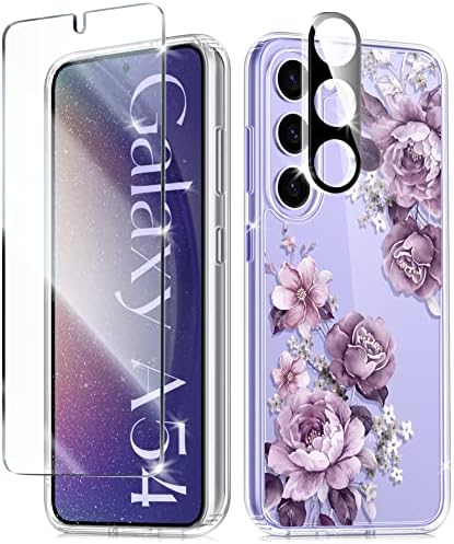 GUOVLIN for Samsung Galaxy A54 5G Case, [Screen Protector+Camera Lens Protector] Flower Shockproof Hard Back & Soft Edge Clear Floral Women Protective Phone Cover, 6.4-Inches 2023 (Alluring Purple)