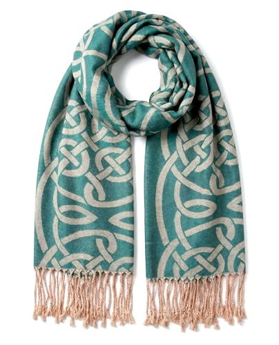 Achillea Soft Silky Celtic Knot Pashmina Scarf for Women Irish/Scottish Inspired Shawl Wrap for Wedding Travel & Office (Teal)